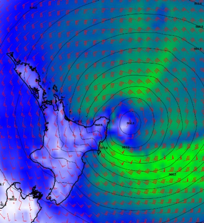 ECMWF model showing the low centre to the east of the north island at midday Monday 16 March - Tropical Cyclone Pam © MetService